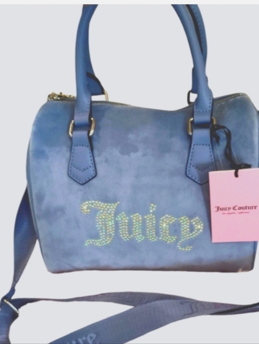 Juicy Couture Blue Suede Satchel with Crystal 'Juicy' Logo